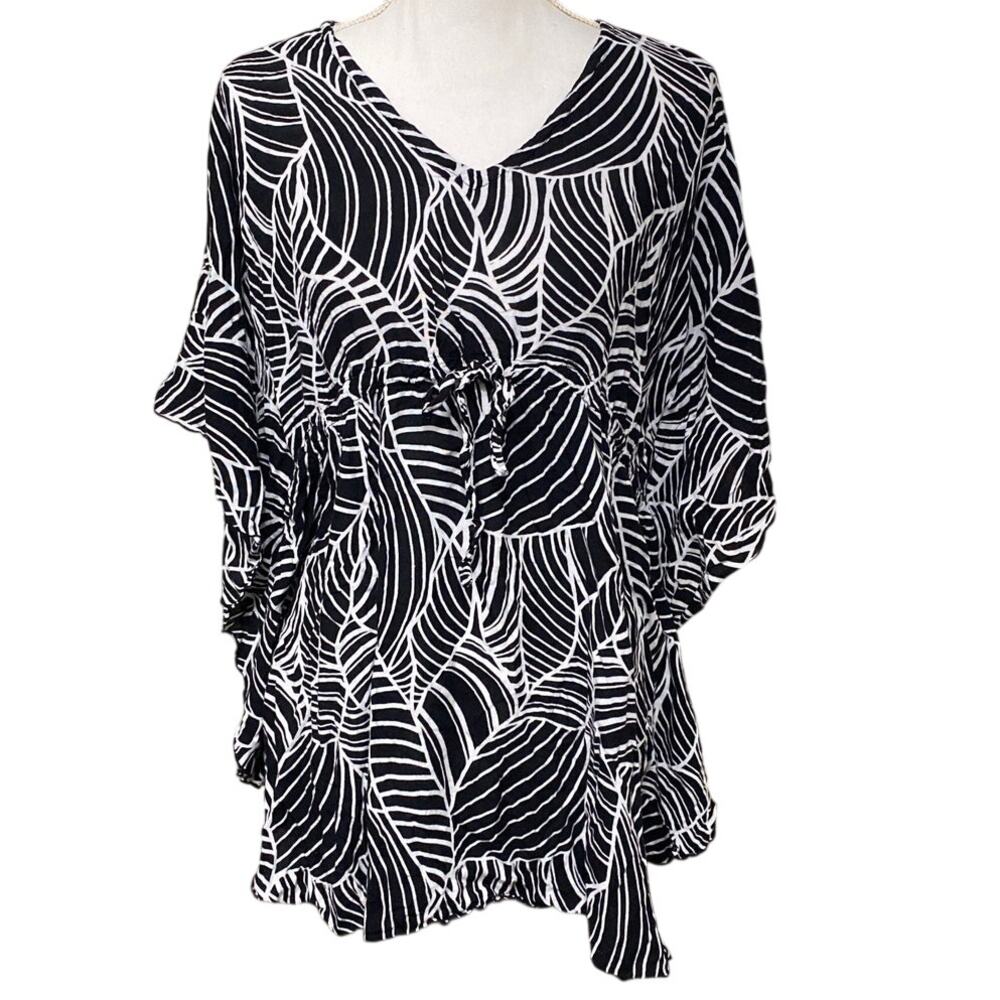 NaPua Collection Womens Sz OSFM Leaf Print Hawaiian Cover-Up Tunic Top Poncho